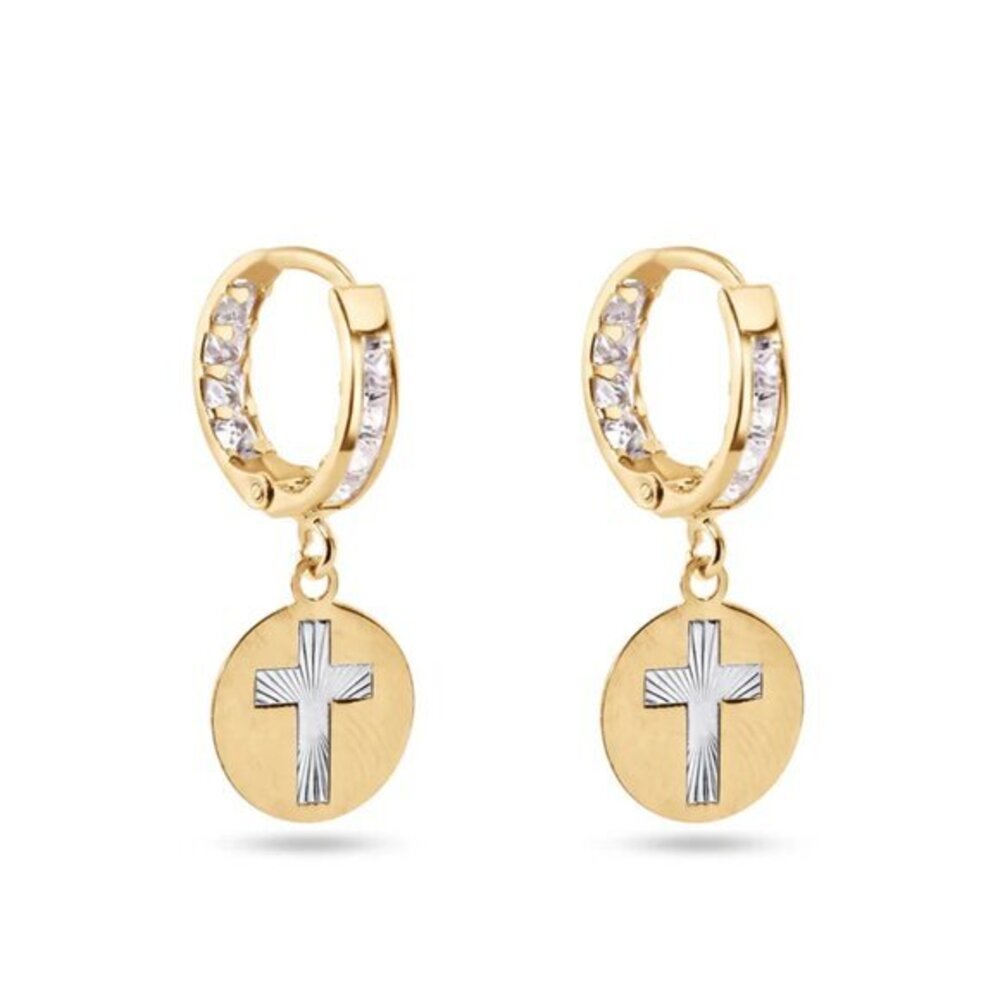 14 Karat Yellow Gold Dangling Cross Earrings 12mm Hoop Earrings